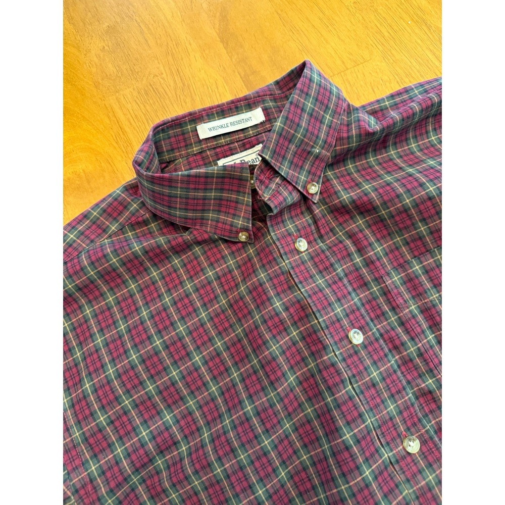 LL Bean Mens Large Plaid Button Down Shirt Wrinkle Resistant Burgundy Green